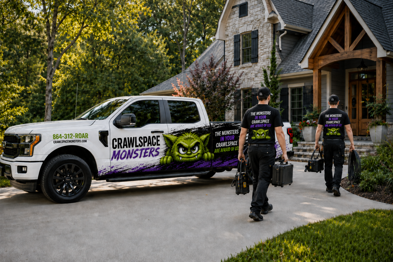Crawlspace Monsters technicians arriving at an Upstate home in a branded truck