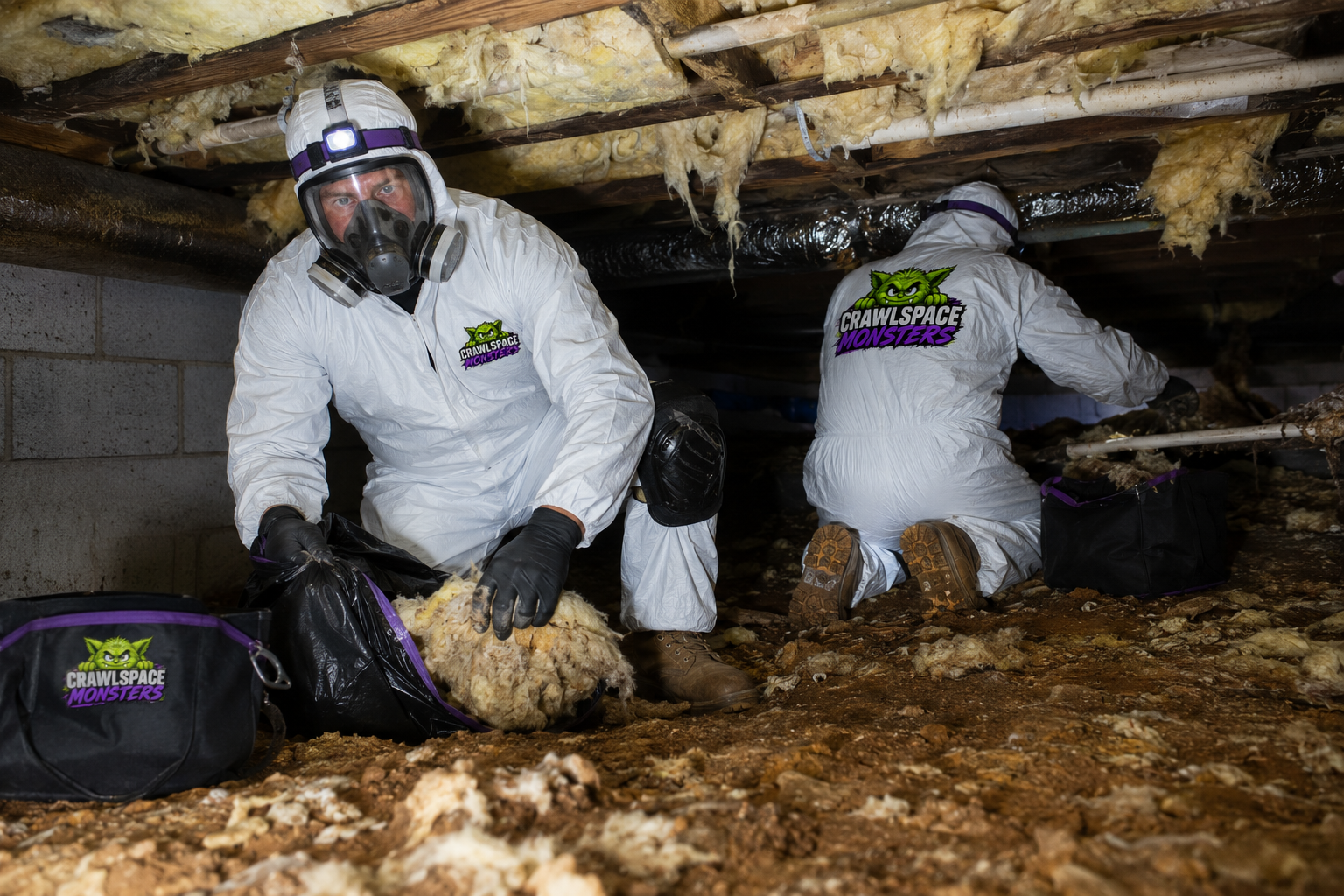 Crawlspace Monsters crew removing damaged insulation in white protective suits and full-face respirators